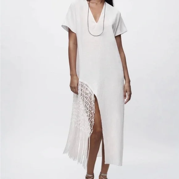 NEW ZARA 2023 WHITE LINEN LONG TUNIC DRESS WITH FRINGE SIZE XS RARE 7495/810 - Picture 1 of 5